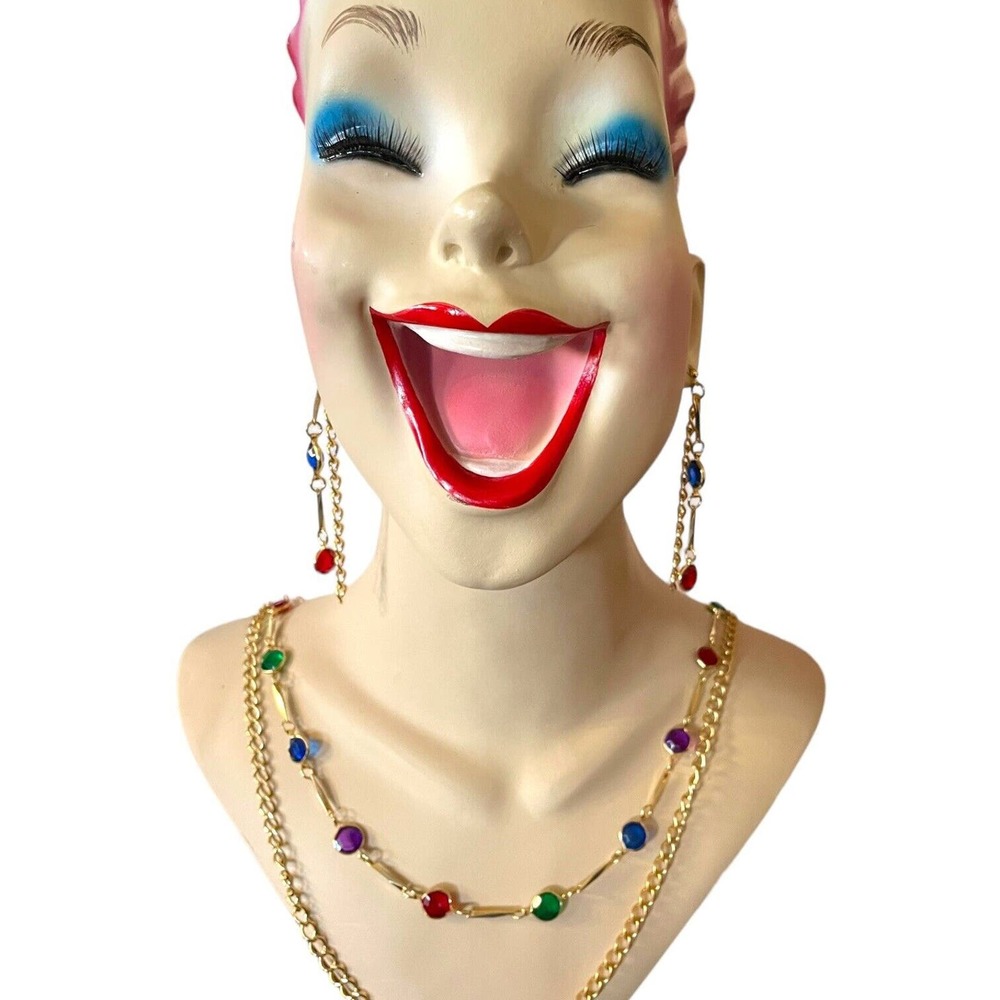 Retro Gold Rainbow Colorful Disc Double Strand Chain Necklace Dangle Earring Set